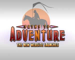 an image of the new Paths to adventure logo merged with the old logo which depicted a knight riding a horse while trailing a banner silhouetted by a rising sun.